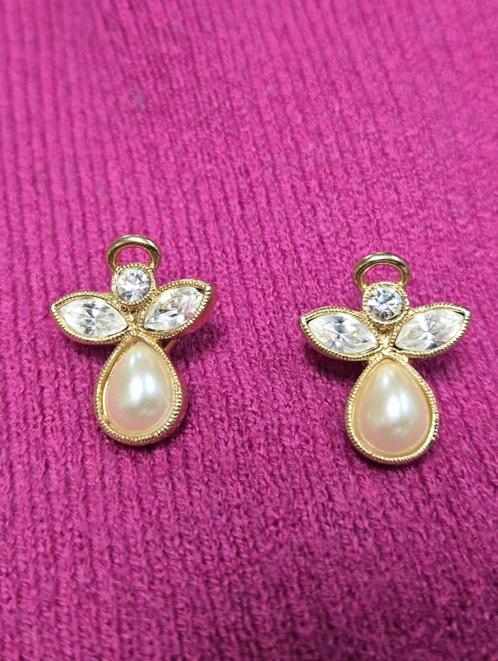 Avon Gold Pearl and Clear Crystal Angel Drop Earrings - Pink Pearl Luster